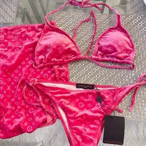 💗 LOUIS VUITTON Monogram LV Velvet Hot Pink Bikini & Skirt Swim Swimsuit NEW M